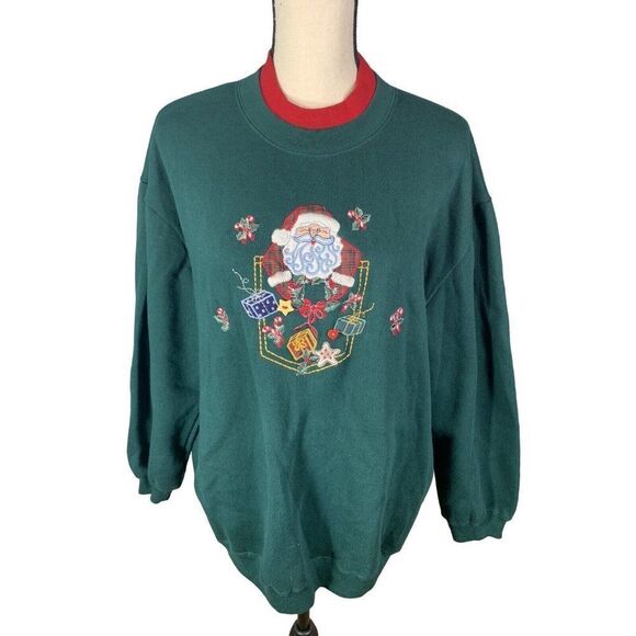 Bobbie Brooks Christmas Sweatshirt Santa L Embroidery Grandma Green Teacher Vtg - Picture 1 of 12